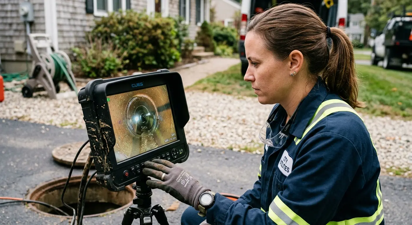 Technician reviewing sewer camera inspection footage in Pine Bluff