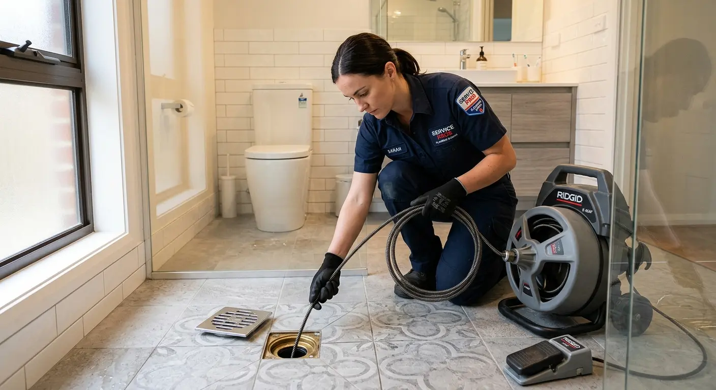 Technician clearing a bathroom floor drain for Sewer Line Installation in Pine Bluff